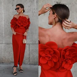 Customized Matching Fashion Jersey Handmade Flower Pleat Straight Off-the-shoulder Midi Dresses Prom Dresses Pastrol Retro Forma