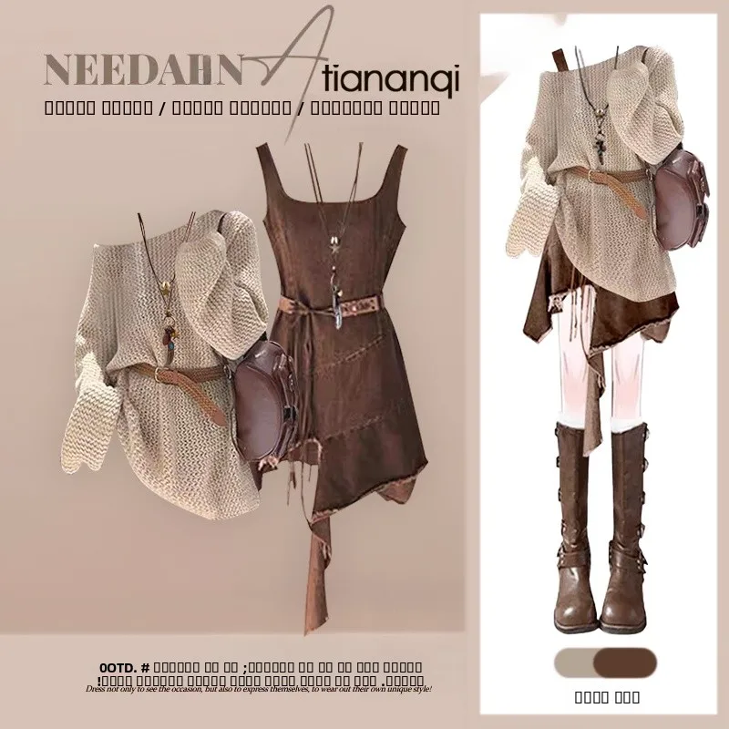 

Вязаный комплект из двух предметов, женский винтажный накидка с асимметричным ремешком для похудения Dr Autumn Faion Ele Sle