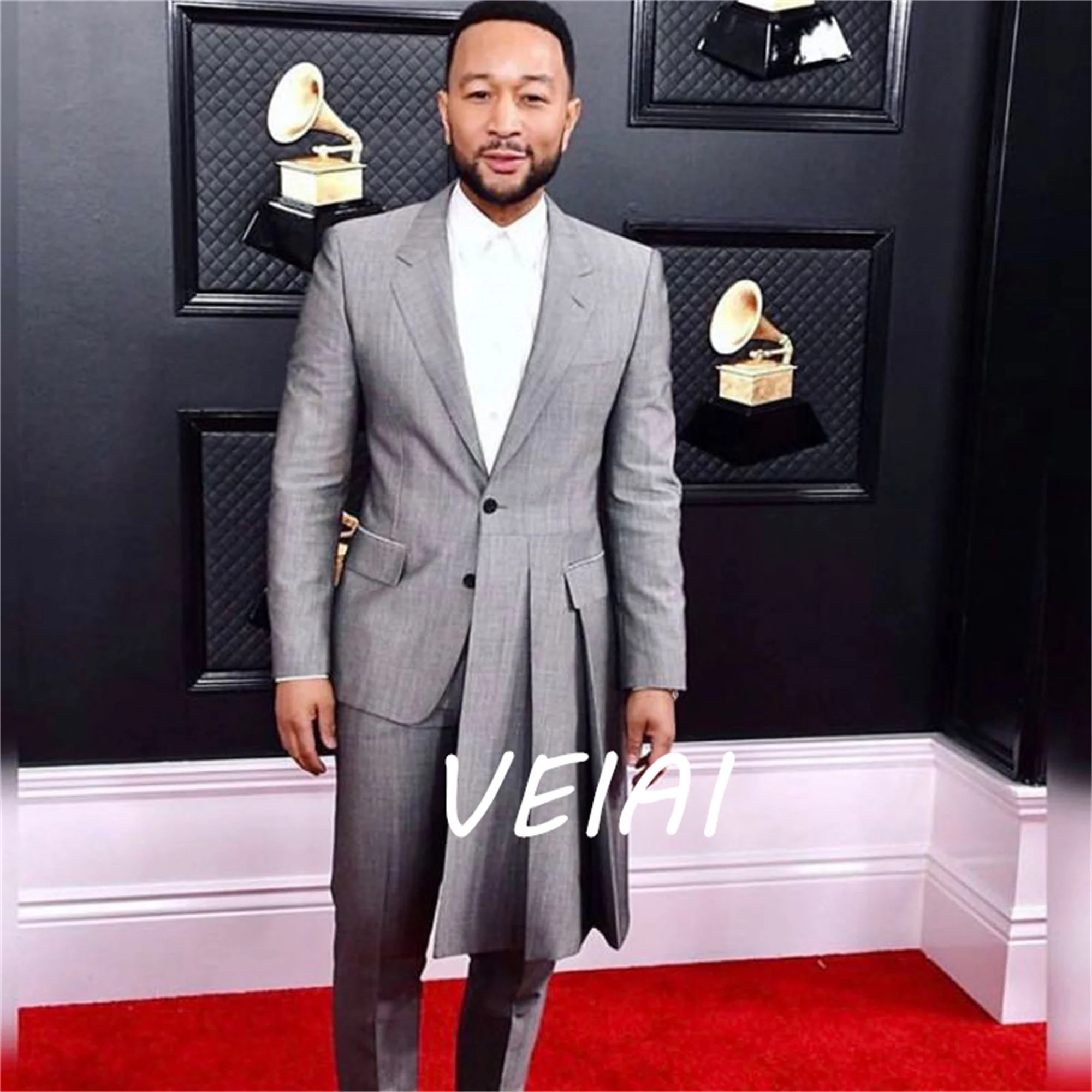 تخصيص رمادي طويل الرجال الدعاوى للمساء حفلة موسيقية سليم صالح الزفاف العريس سهرة محززة التلبيب 2 قطعة الذكور الأزياء زي سترة ث #1