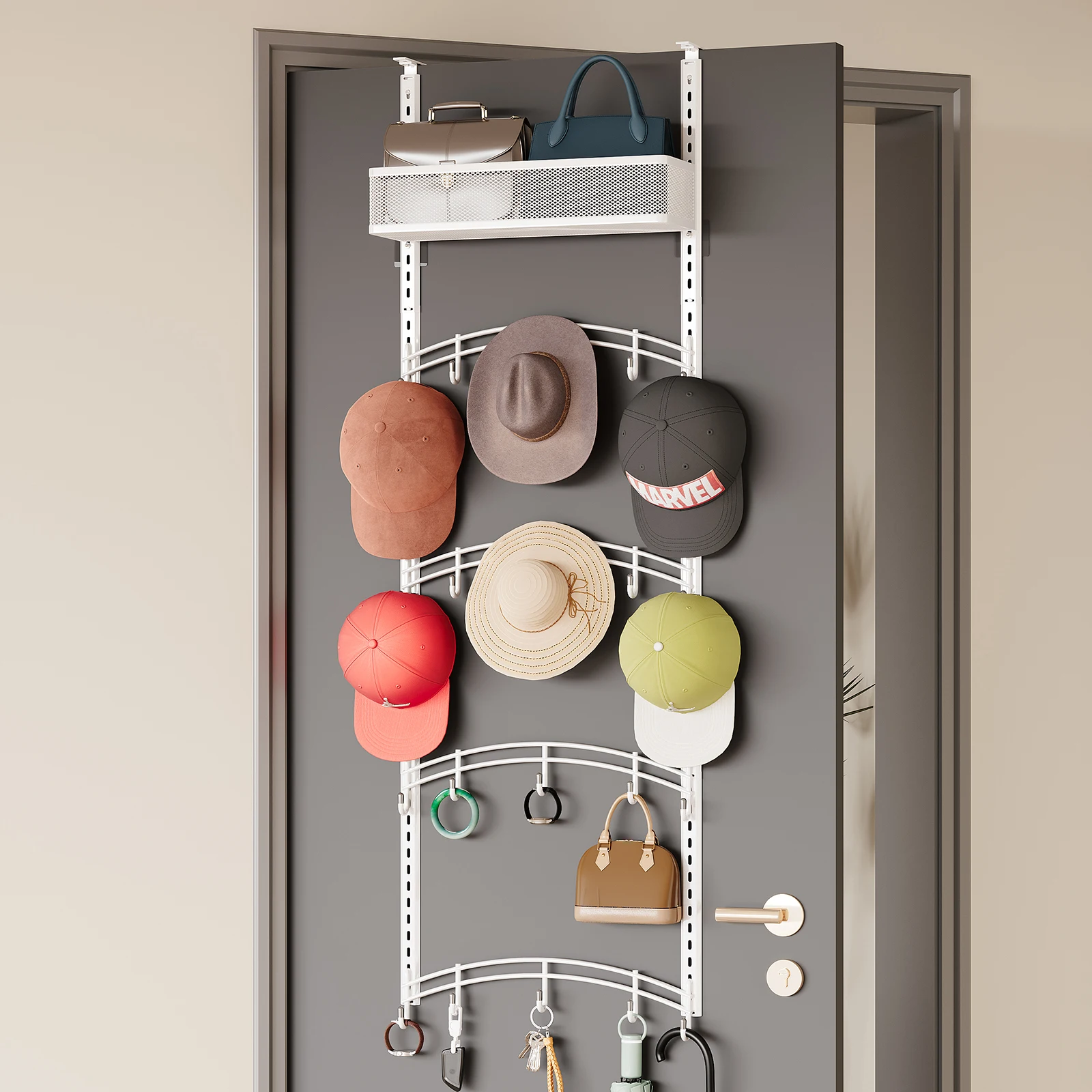 1 Stück Über-Tür-Kleider- und Hutablage, bohrfreier Haken zum Aufhängen von Kleidung, Schlafzimmer-Türaufbewahrungsregal, Tür-Organizer für Taschen und Schals, platzsparende Über-Tür-Hutablage