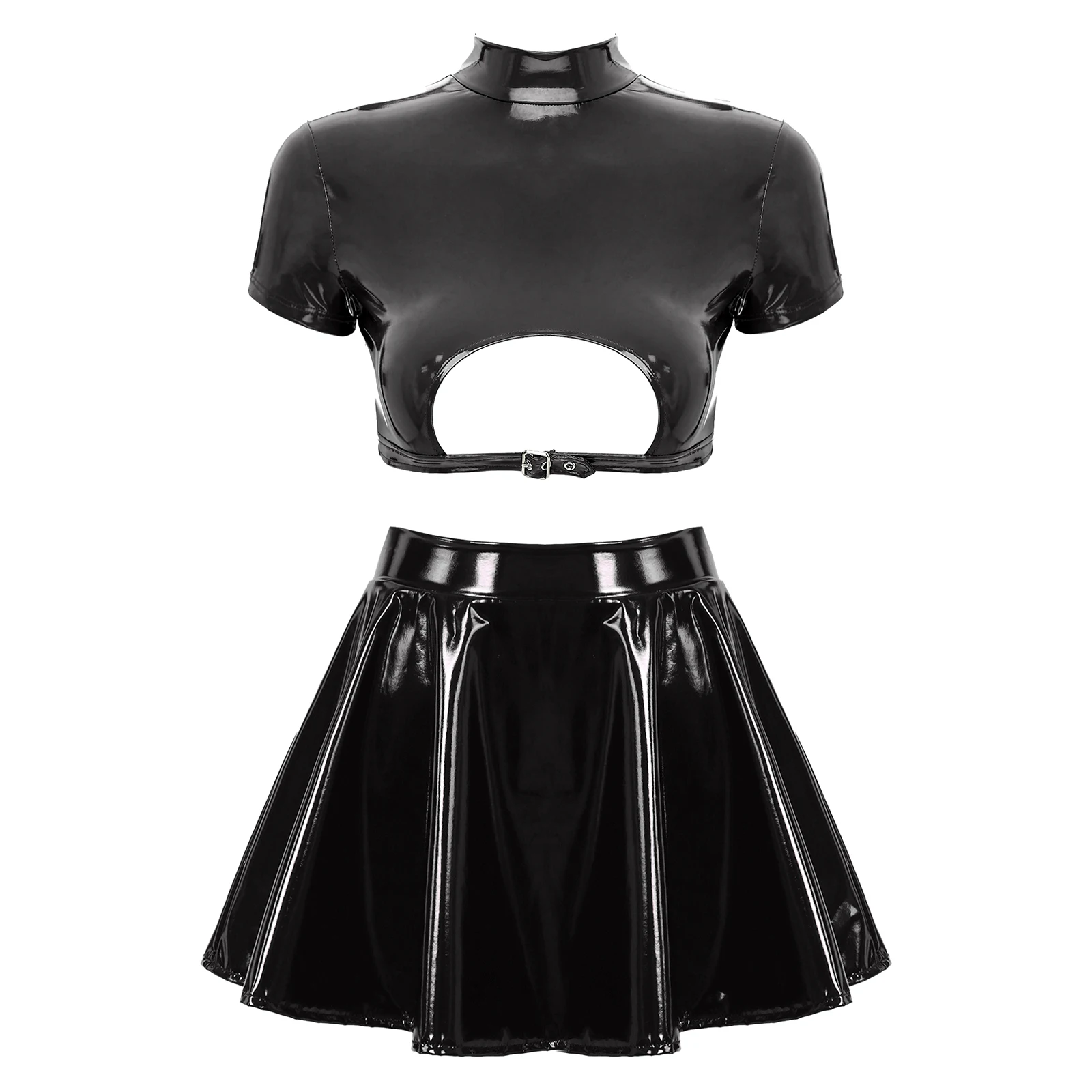 

Womens Sexy Costume Cutout Back Zipper Crop Top with A-Line Flared Skirt Glossy Patent Leather Lingerie Set Rave Party Clubwear