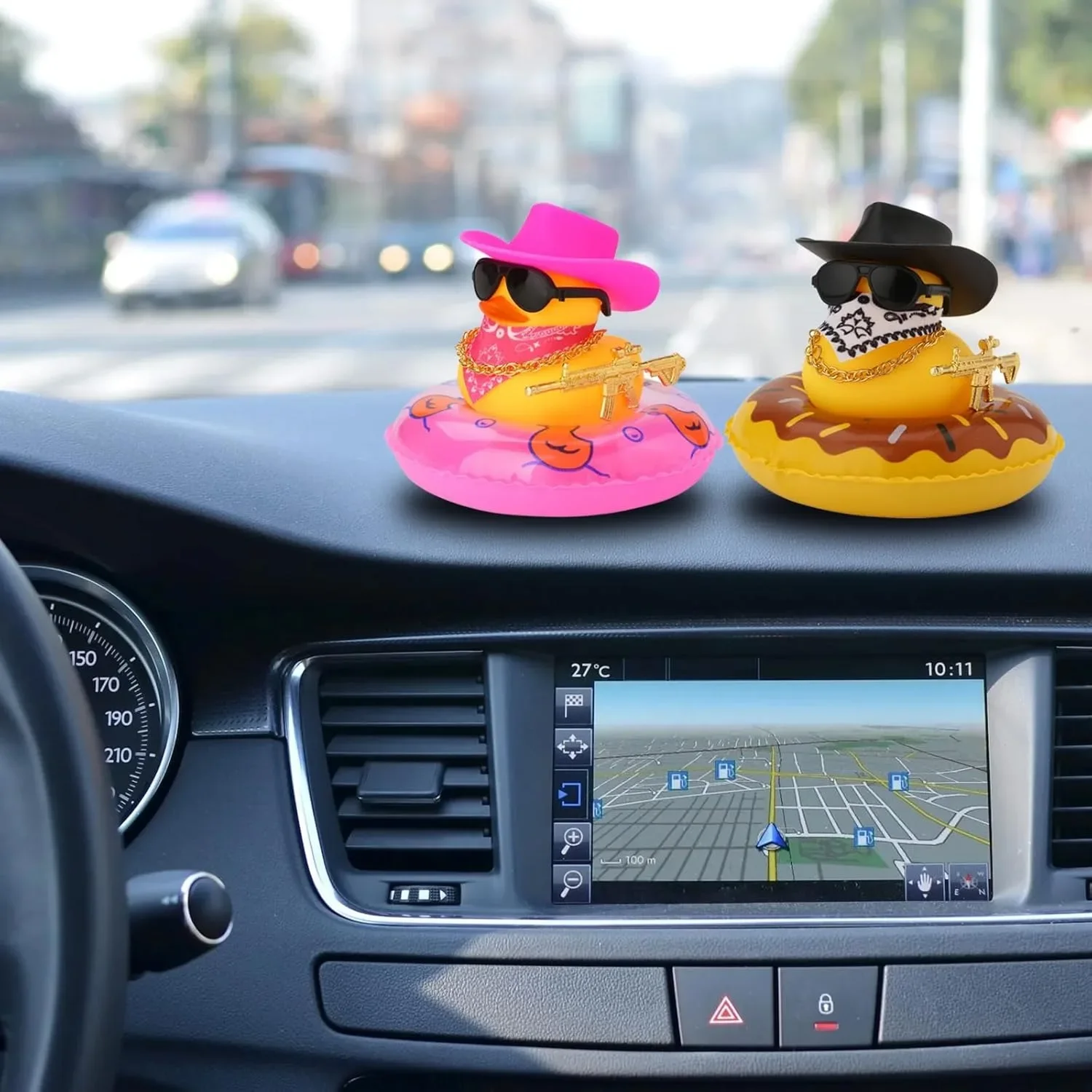 Rubber Duck Car Ornaments Yellow Ducky for Cars Dashboard with Cowboy Hat Sunglasses Swim Ring for Car Office Bedroom Decoration