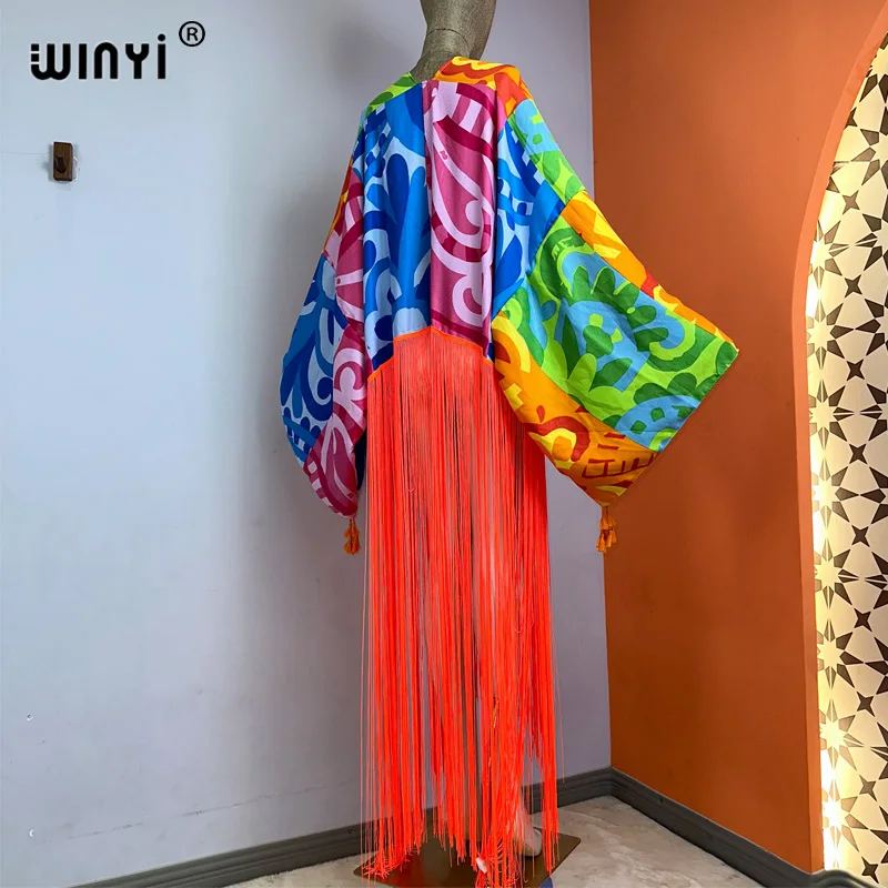 WINYI kimono cover-ups summer boho print Bikini Cover-up fashion Cardigan sexy Holiday long Sleeve tassels maxi dress kaftan