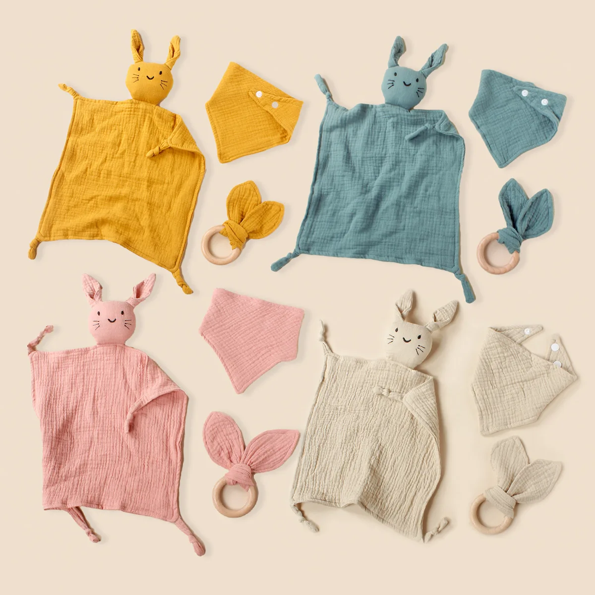 3pcs Cat Face Embroidered Square Scarf Triangular Scarf Rabbit Ear Wooden Ring Tie Set Baby's Comfortable Soft Drool Towel
