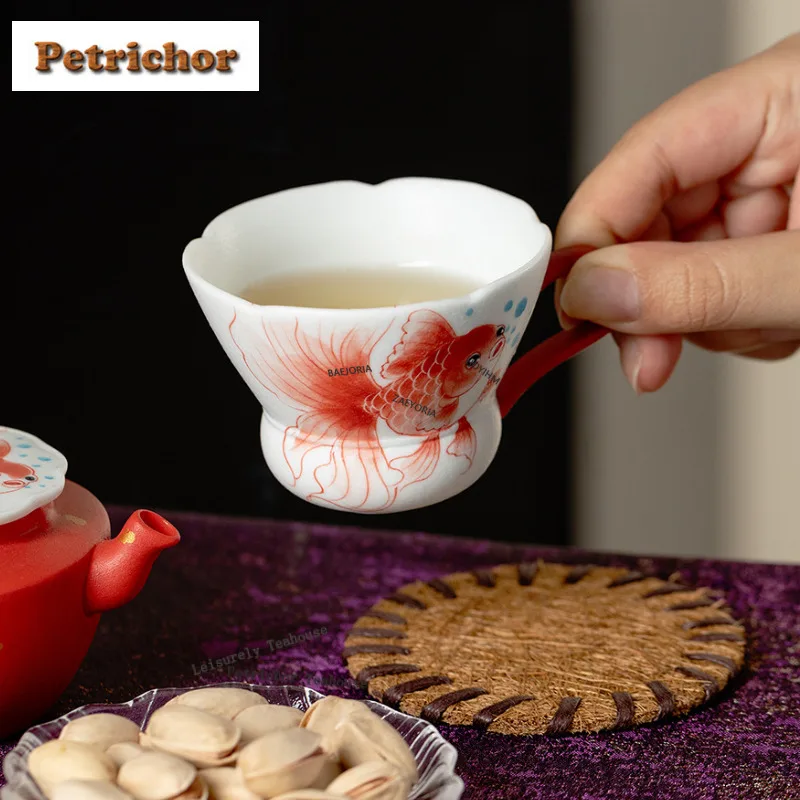 

70ml Hand-painted Red Carp Teacup Antique Tea Bowl Jug Tea-tasting Fragrance Cup Jianzhan Master Cups Household Tea Items Craft