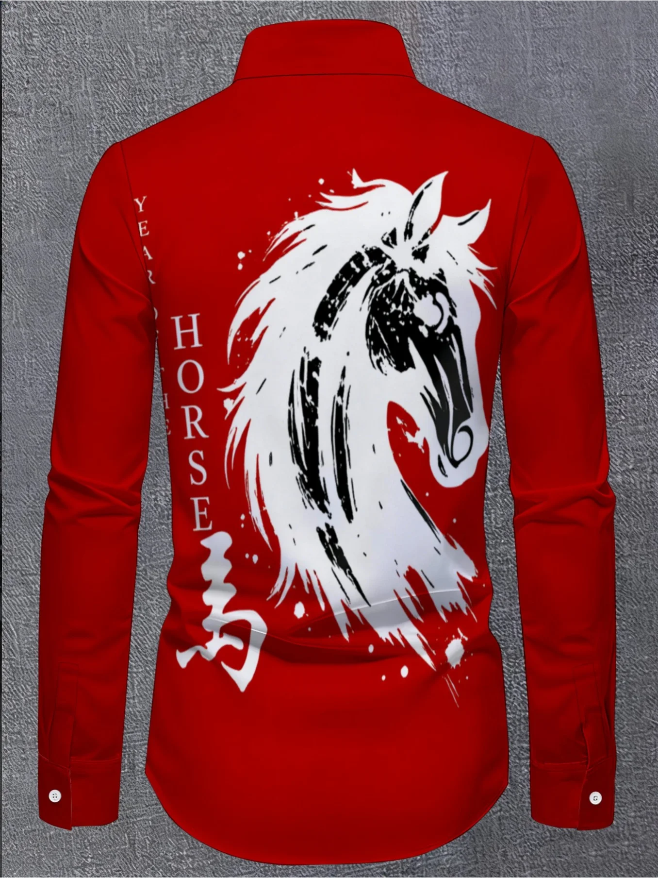 Trendy Men Button‑Up Shirt Bold Red Tone Artistic Brush Stroke Horse Head Splash Art Print Polyester Party Casual