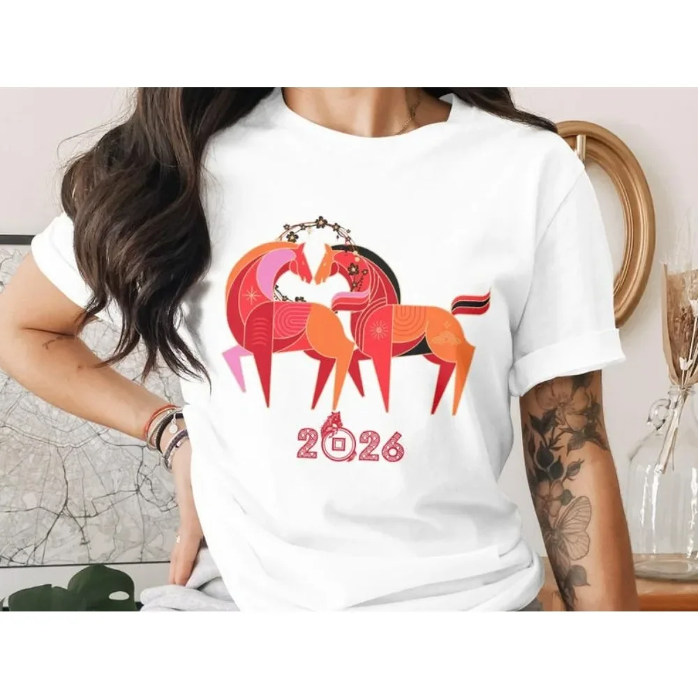Mondneues Jahr 2026-Shirt, Jahr des Pferdes, chinesisches Sternzeichen-T-Shirt, kreatives Design, frohes neues Jahr, Männer und Frauen, T-Shirt aus Baumwolle