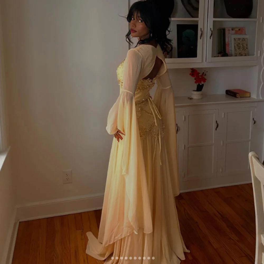 Customized Chiffon Sheath Gorgeous Evening Dress Beaded Sequins Layered Pleated and Floor Fairy Sleeve Formal Occasion Dress