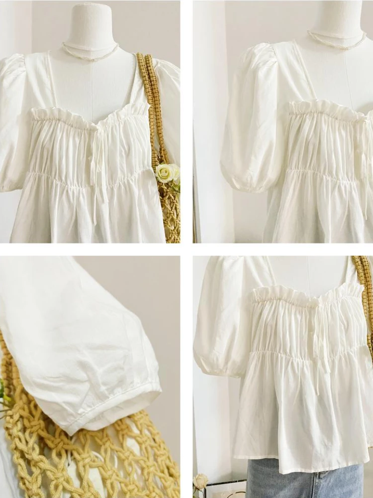 Sweet Blouses Women Summer Folds Designed Vintage Office Lady Leisure Baggy All-match Literary Chic Popular French Style