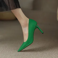 French Green High-heeled Women's Pumps Pointed Toe Shallow 2024 Spring/Autumn Temperament OL Office Work Shoes Sapatos Femininos