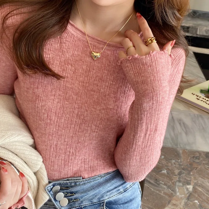 

2023 Ruched Pullover Bottom Sweater for Women Casual Simple Knitted Autumn Winter O Neck Tops Long Sleeve Jumper Sweaters 29292