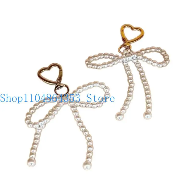 652F Fashion Pearl Bowknot Heart Cheychain Decorations Keyring Hanging Ornament