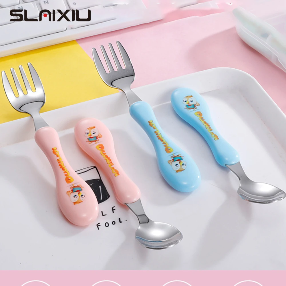 2 PCS Kids Tableware Stainless Steel Fork Spoon Eating Training Spoon Food Supplement Spoon