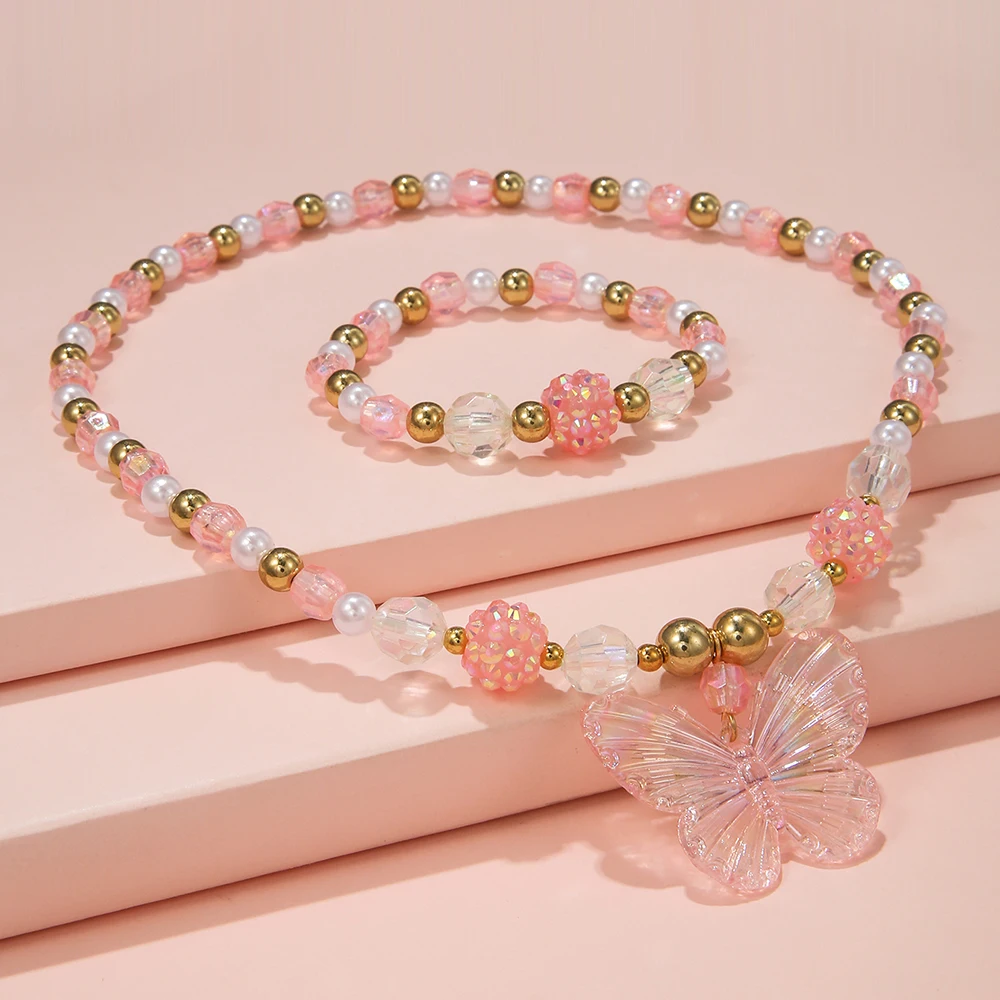 2Pcs/set Pink Butterfly Charm Necklace Bracelet Princess Girl Jewelry Set for Daughter Niece Best Party Birthday Gifts