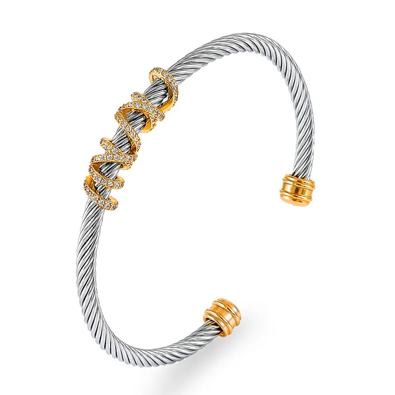 Best Seller in Europe and America Titanium Steel Twisted Wire between Gold Open-Ended Bracelet Stainless Steel Brick Bracelet Ca