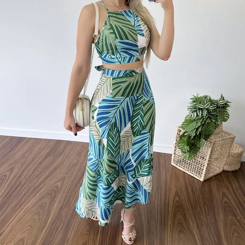 Sets for Women 2 Pieces 2024 Summer Fashion Plant Print Backless Lace Up Crop Vest Top & Casual High Waist Daily Long Skirt Set