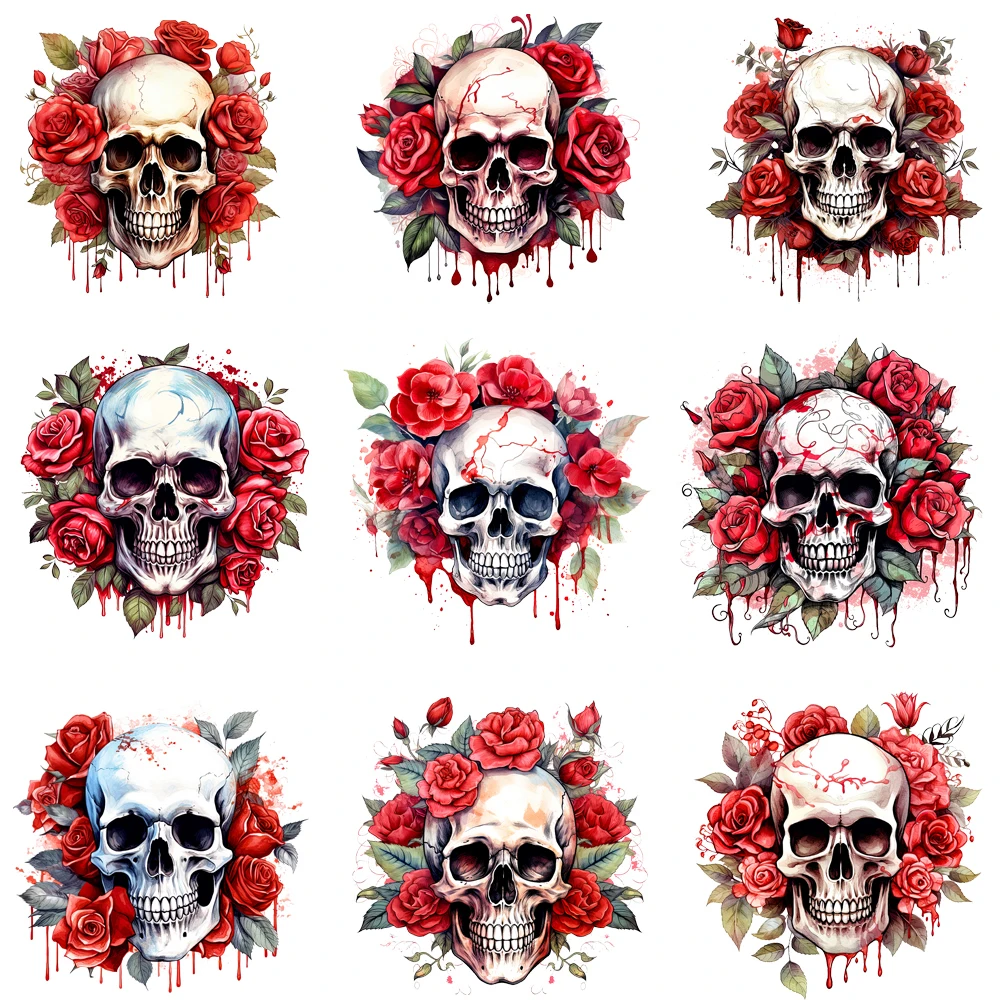 15cm Punk Skull Adorned With Beautiful Red Roses Iron On Transfer Stickers Diy DTF Heat Transfer Sticker T-shirt Clothes Decals