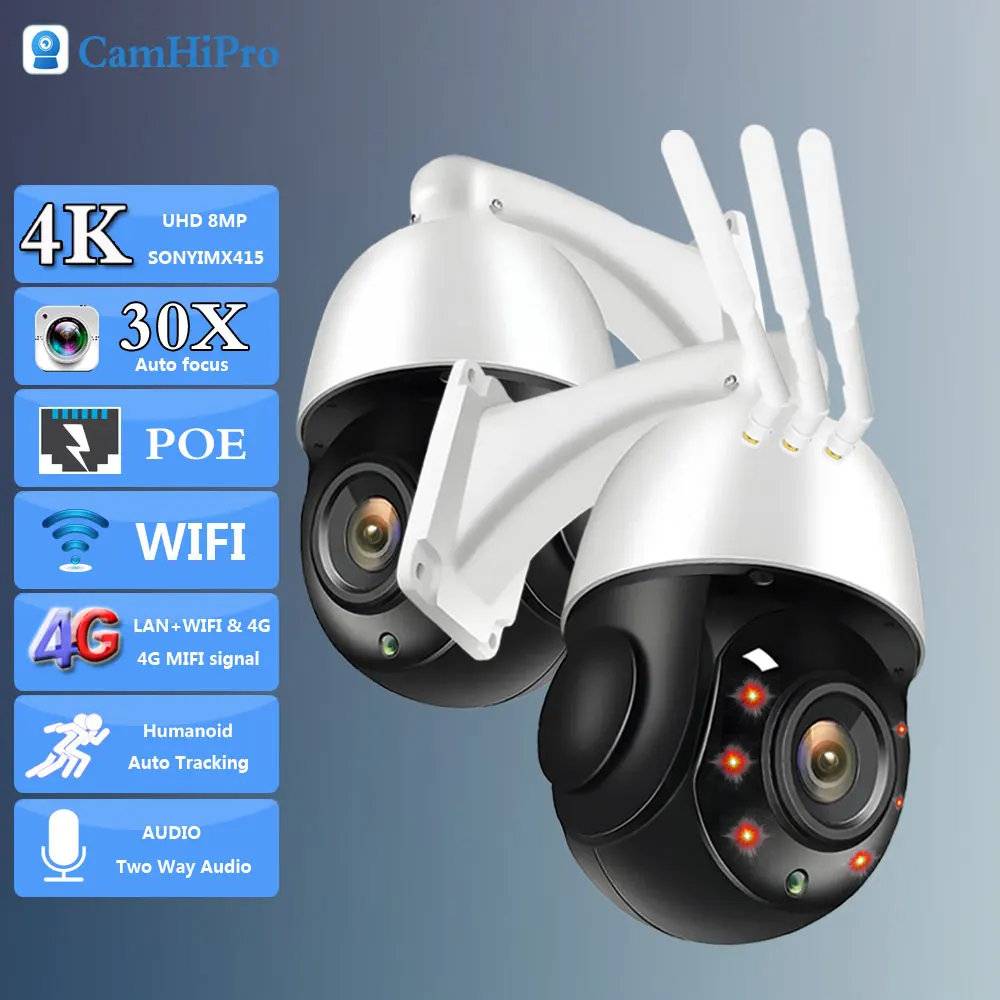 Outdoor 3G 4G SIM Card 4K 8MP Wireless Security IP Camera WIFI PTZ Dome POE 30X Auto Zoom Two Way Audio Human Tracking IR 80M