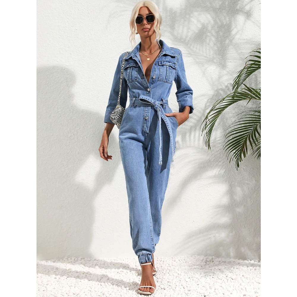 Autumn Winter Lapel Multiple Pocket Button Half-open Denim Jumpsuit Women's Slim Fit Stretch Pencil Jeans Female Fashion Rompers