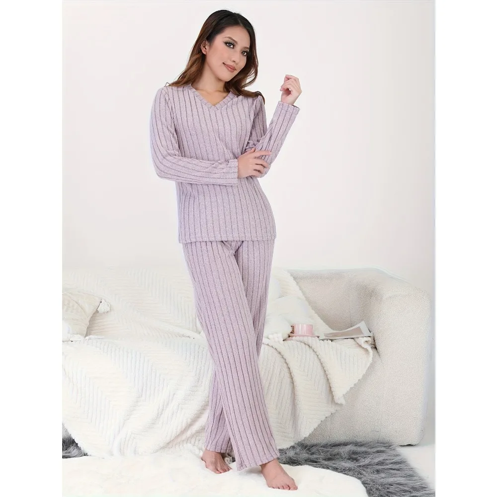 

Leisure Vertical Striped Plush Long-Sleeved V-Neck Warm Top with Loose Casual Trousers for Home Sleep Pajamas Two-Piece Set