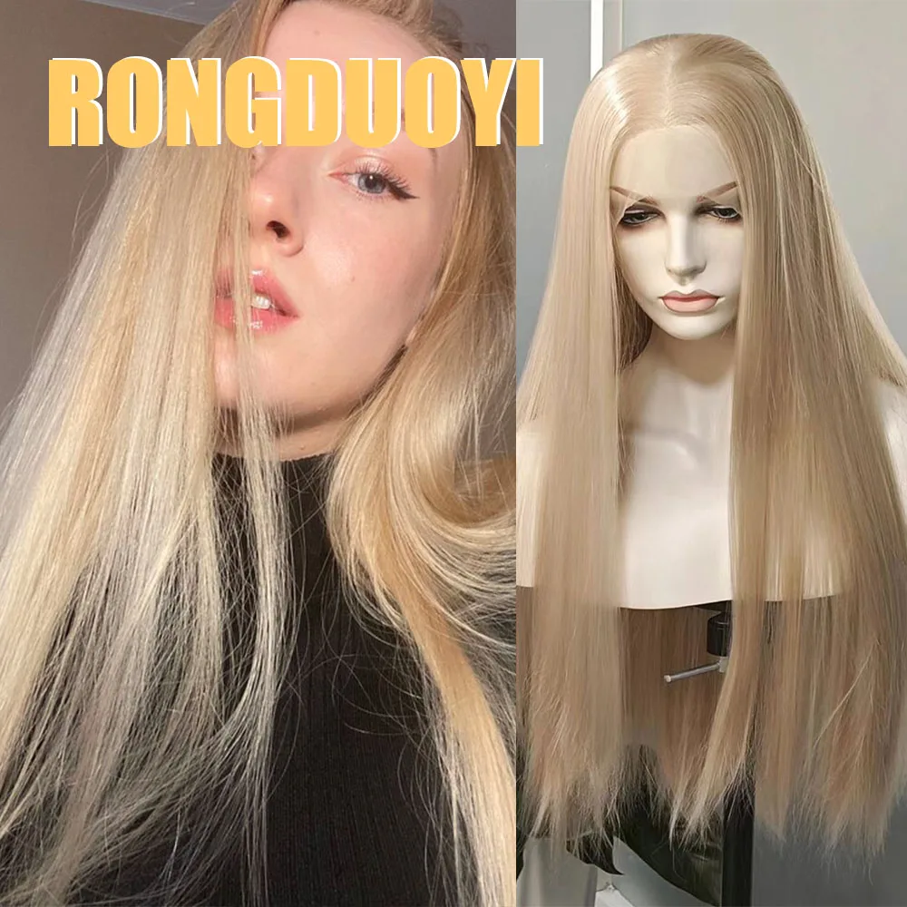 RONGDUOYI-Peluca de cabello sintético para mujer, pelo rubio ceniza 13 × 6, fibra de calor recta, encaje frontal sin pegamento, maquillaje diario