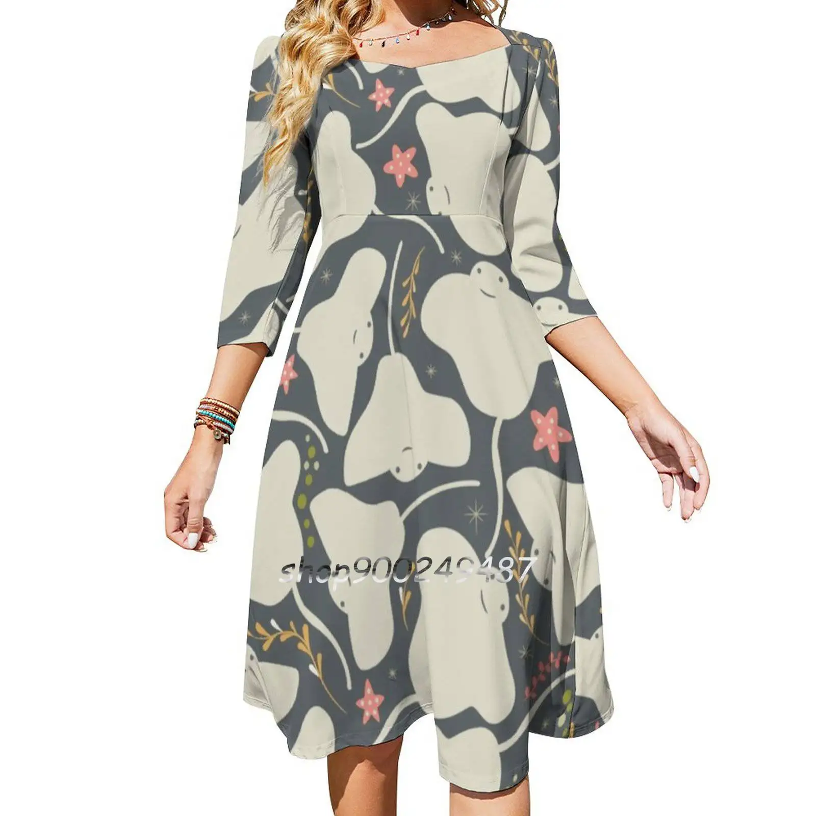 

Stingray 003 Flare Dress Square Neck Dress Elegant Female Fashion Printed Dress Sea Stingray Ocean Water Underwater Animals