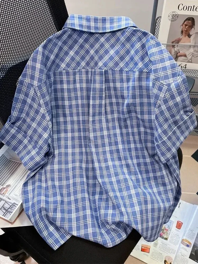 Hoge kwaliteit retro geruite shirt vrouwen losse zomer casual streetwear blouse oversize vintage alle match bf eenvoudige tops nieuw