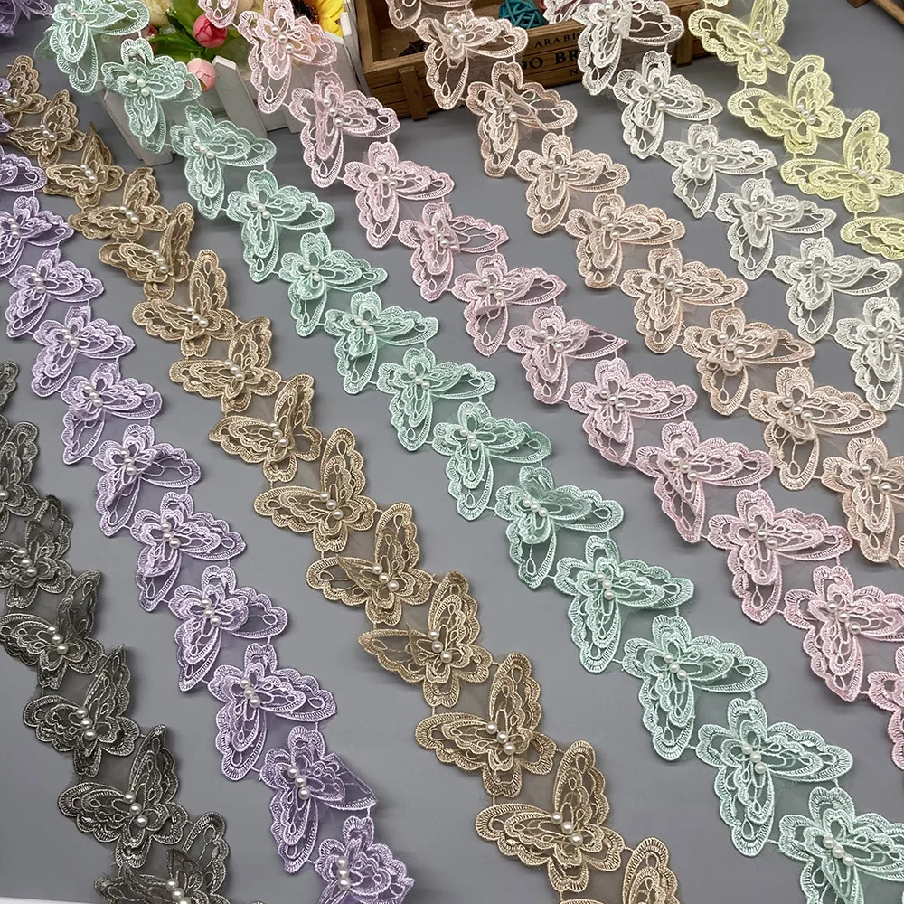 1Yard 3D 2 strati farfalla pizzo fiori colorati perla pizzo ricamato tessuto nastro abito da sposa artigianale cucito a mano