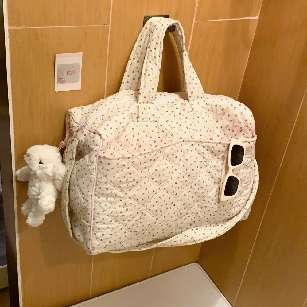 Floral Print Travel Hand Bag Large Capacity Dual Top Handles Cotton Duffle Bag Multi-Pockets Quilted Quilted Travel Bag
