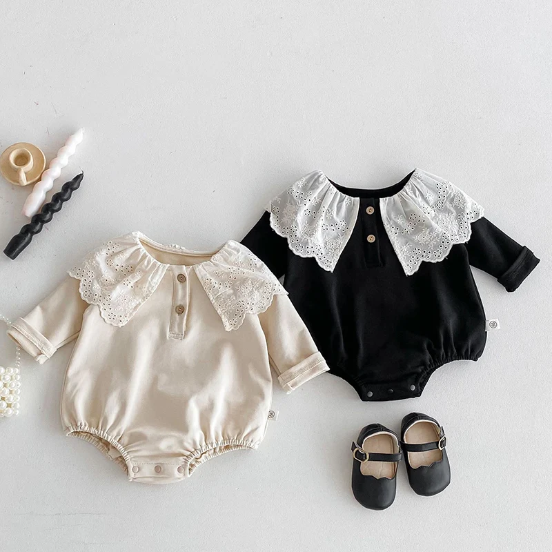 2025 New Spring 0-24M Children Clothes Korean Style Climbing Suit Long Sleeved Cotton Lace Splicing Toddler Baby Girls Romper