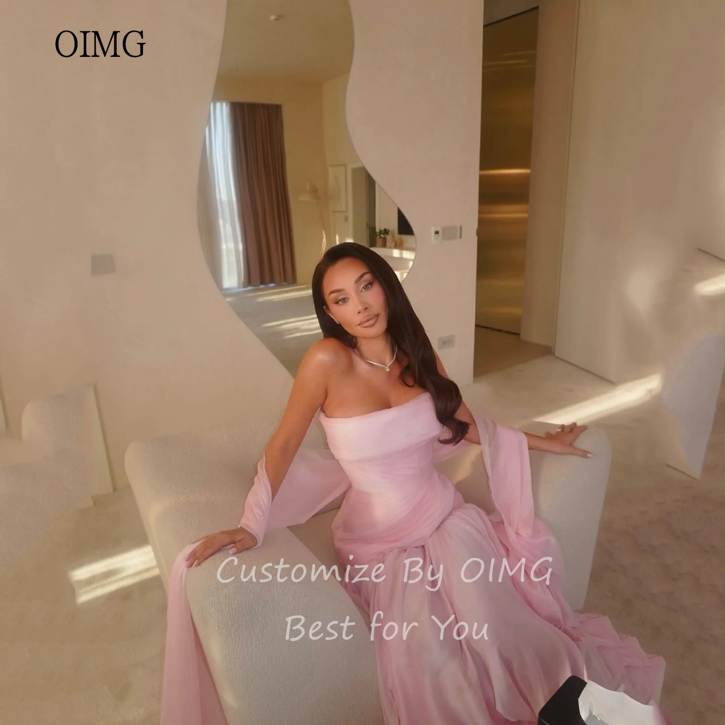

OIMG Modern Pink Strapless A Line Prom Gowns Sleeveless Scarf Pleated Party Gown Floor Length Evening Dress 2025 Customized