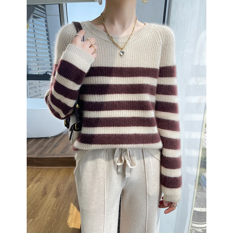 Striped Round Neck Sweater Female 100% Pure Wool Thick Long Sleeve Sweater Knitted Wool Bottoming Shirt Inside