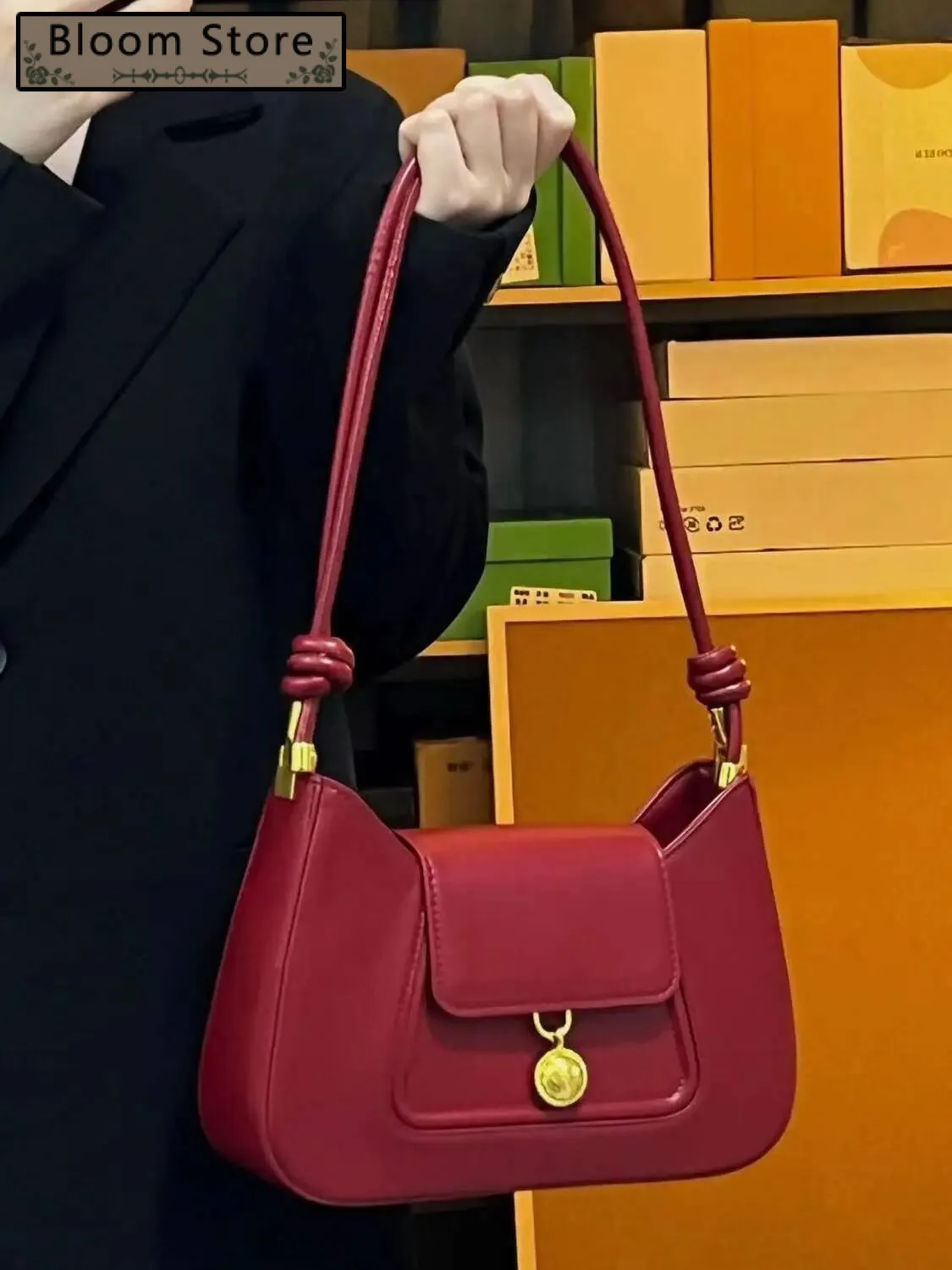 

Bloom Vintage Red Y2k Handbag Women High Street Elegance Pu Leather Shoulder Ladies Retro Fashion Underarm Bag Aesthetic