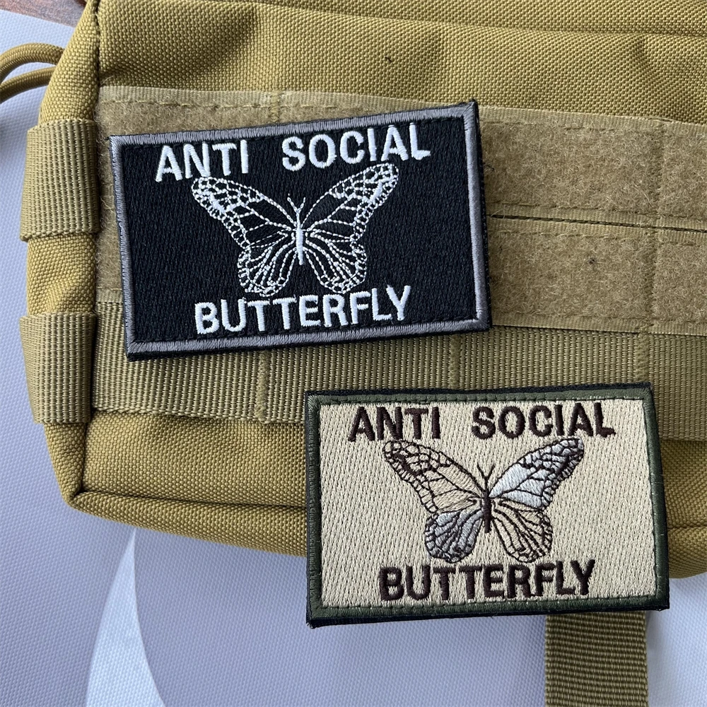 ANTI SOCIAL BUTTERFLY Embroidery Patches Tactical Morale Emblem Outdoor Backpack Hook and Loop Sticker