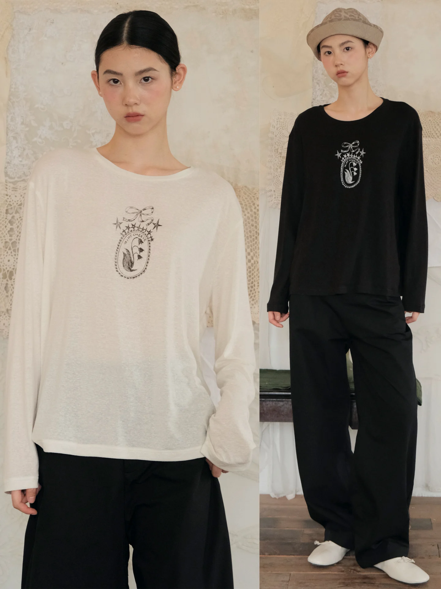 

MintCheese Hand-Painted Bellflower Knot Print Ultra-Cool Long Sleeve Lazy Shirt Casual Style Loose Fit Women's T-Shirt