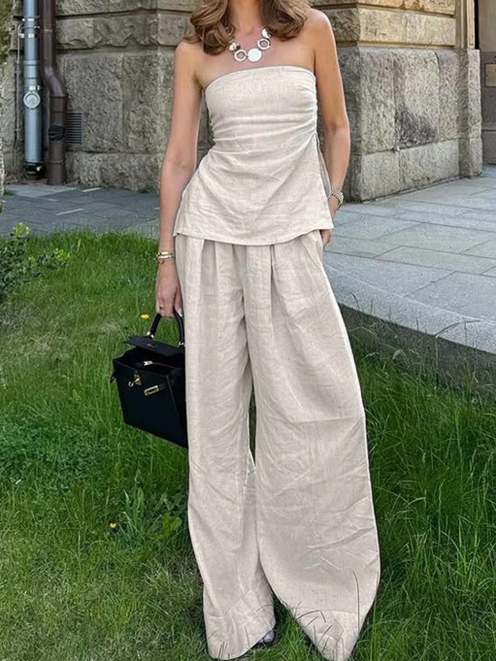 

Лето 2026, новый европейско-американский комплект из двух предметов для девочек, короткий топ с одним воротником, повседневные брюки с высокой талией, модные повседневные наряды