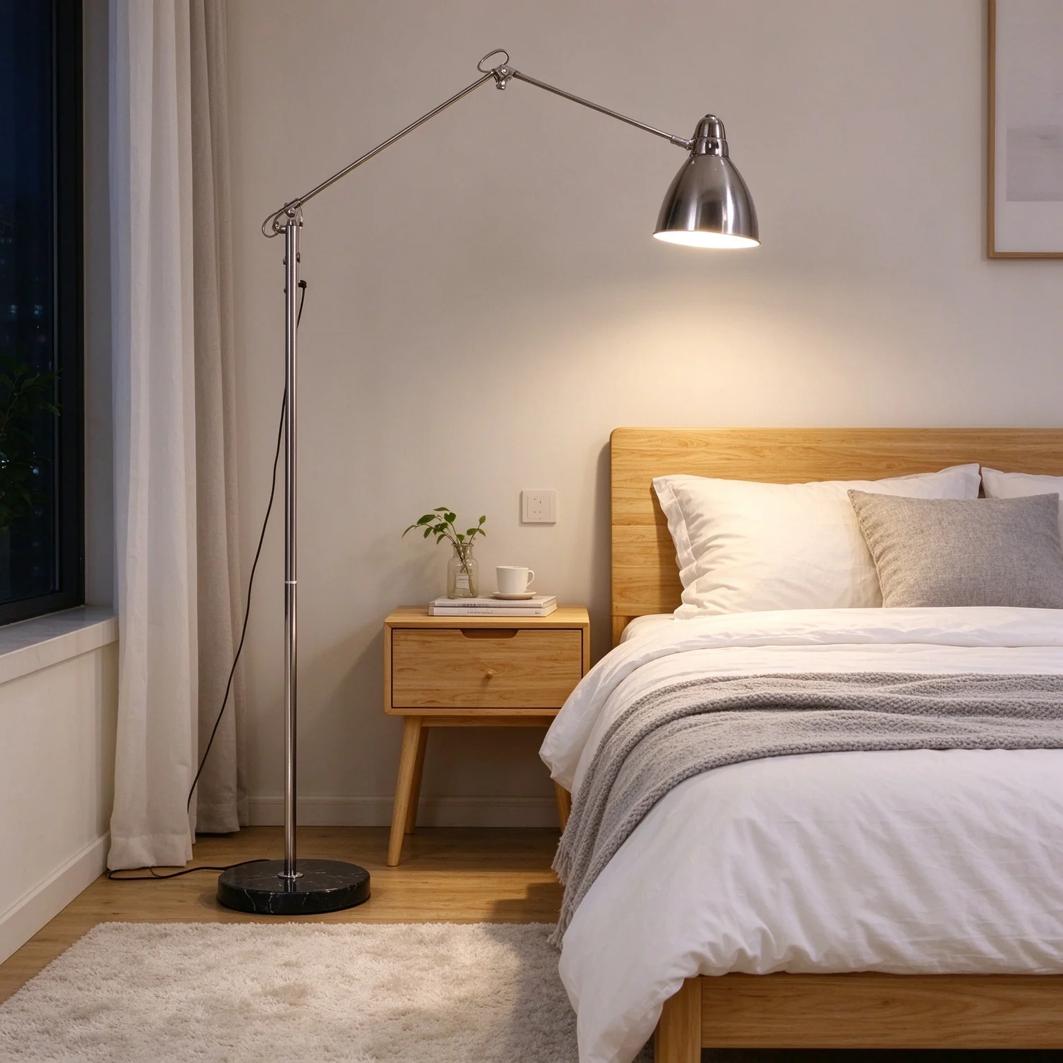 Adjustable Silver Metal Swing Arm Floor Lamp E27 90-260V Black Base Reading Light for Living Room Bedroom Study Decor
