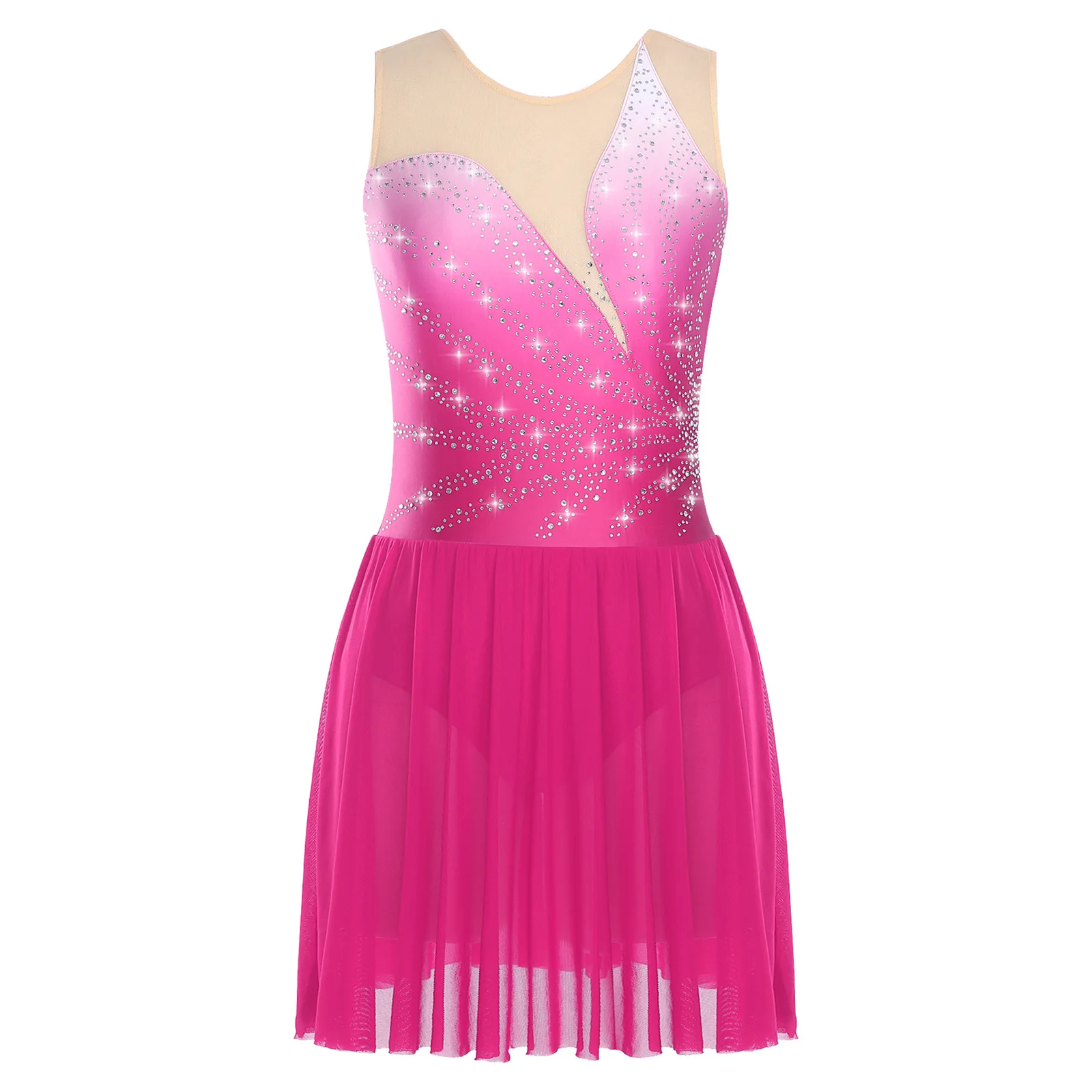 

Womens Figure Skating Dresses Rhinestones Mesh Patchwork Sleeveless Dress Ballet Lyrical Dance Leotards for Competition Costume