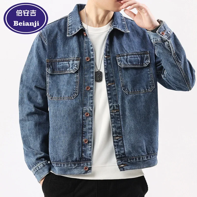 2025 Men's Denim Jacket Long Sleeve Printed Cuff Multi Pocket Light Blue Button Up Coat Loose Fit Top Casual Outwear For Spring