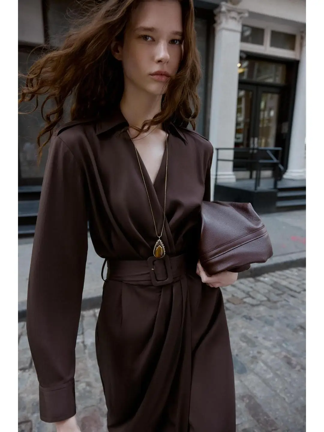 

Long Sve V-Ne Midi Dr с поясом, повседневный, осенне-зимний, женский, с застежкой на пуговицы, соевый протеин, Cosite Fiber