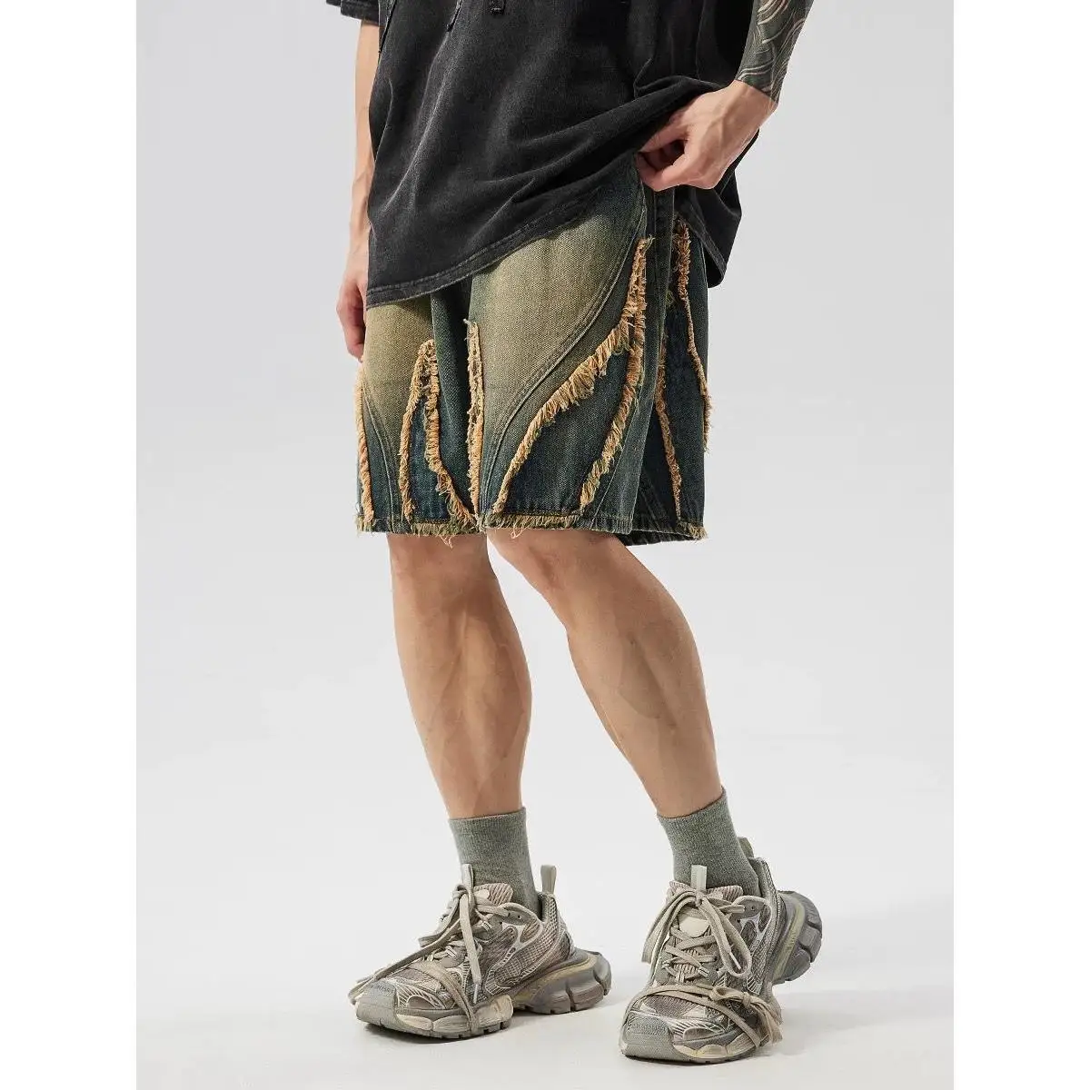 High Street Strap-on Denim Shorts Vintage Washed Old Loose Casual Pants Men's 2026