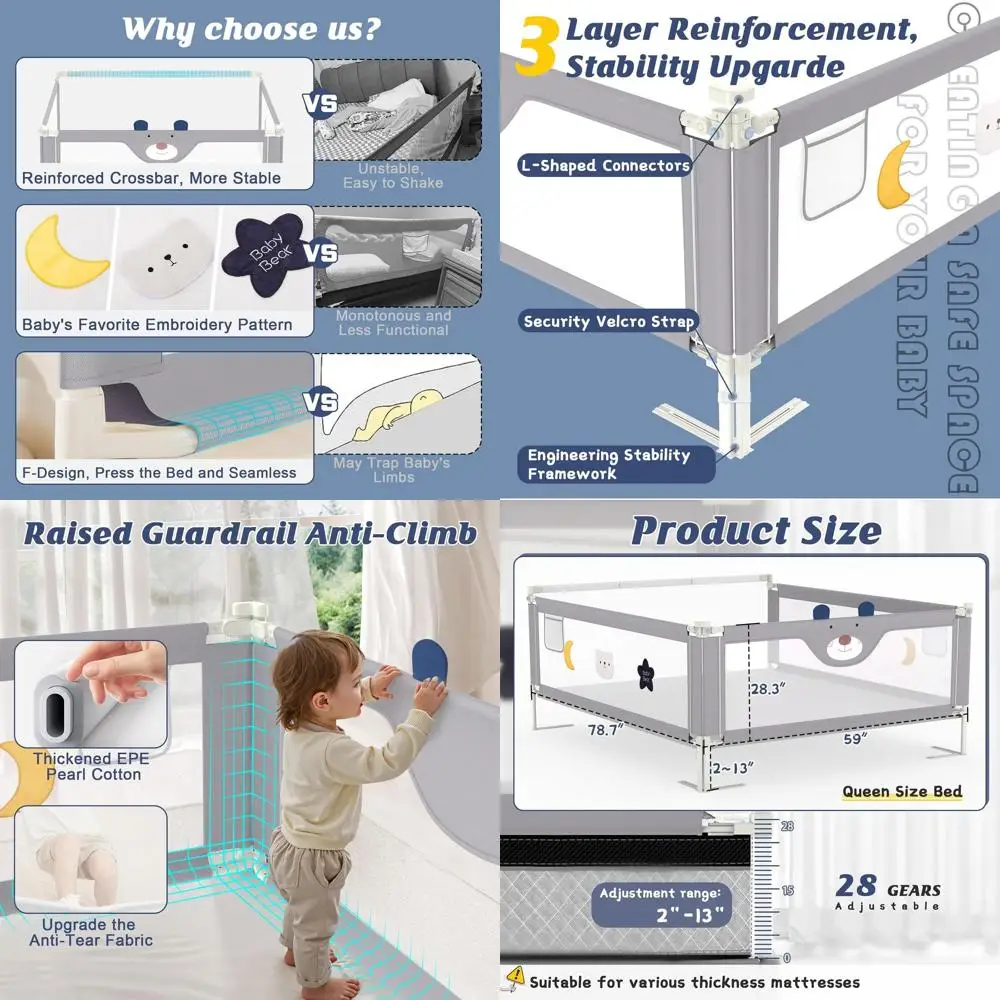 헤드보드 막대가 있는 유아용 침대 난간, 트윈/풀/퀸/킹 침대용 조절 가능한 가드, 78.7x78.7x59 퀸