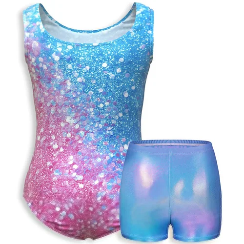 Imagen 2 del producto Camisola sin mangas para niñas, leotardos de baile de Ballet para niñas, trajes de baile gimnástico con pantalones cortos a juego, diademas, 4 piezas