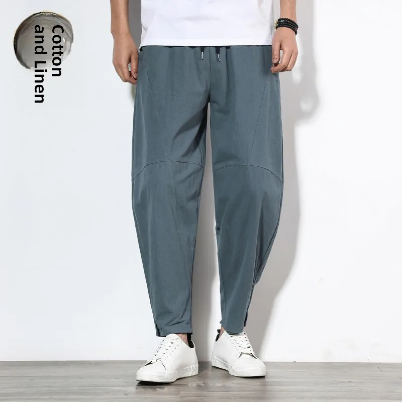 Herren-Harlan-Hose aus Baumwollleinen, neun Fuß, Sport, lang, trendig, locker, gerade, Sommer, Herbst, dünne Freizeithose für Jugendliche