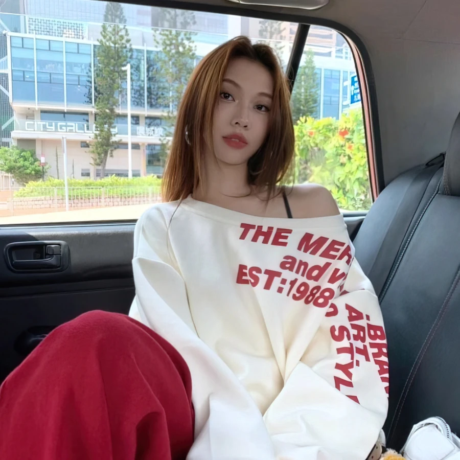 Y2k Sexy Oversize T-Shirt Damen Streetwear Txt-Print Langarm Basic Top Herbst Winter Koreanisches One-Shoulder Sweatshirt – Detail 5
