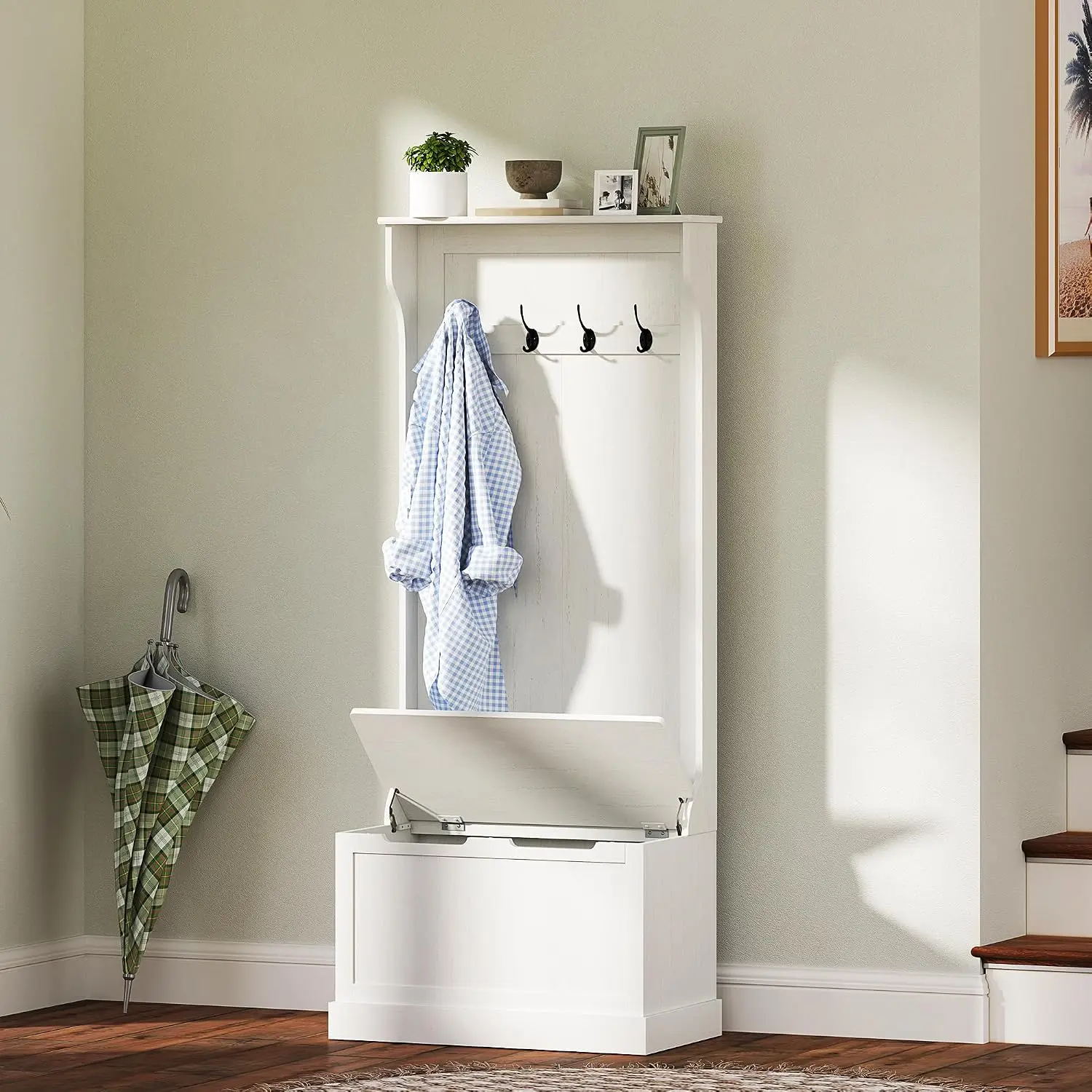 HOMCOM Hall Tree Bench Shoe Storage 3-in-1 Coat Rack Cream White Slim 4 Hooks Flip Top Storage Compartment, Customized