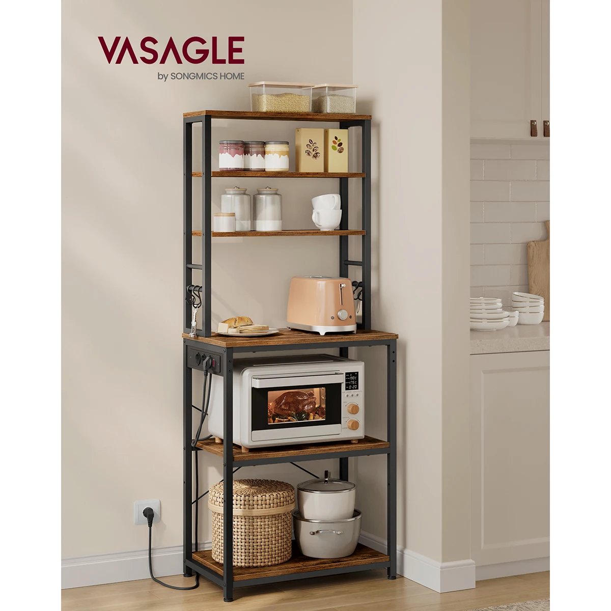 VASAGLE Kitchen Shelf with Sockets, Standing Shelf for Kitchen, Microwave Shelf, 6 Shelves and 6 Hooks, Steel Frame