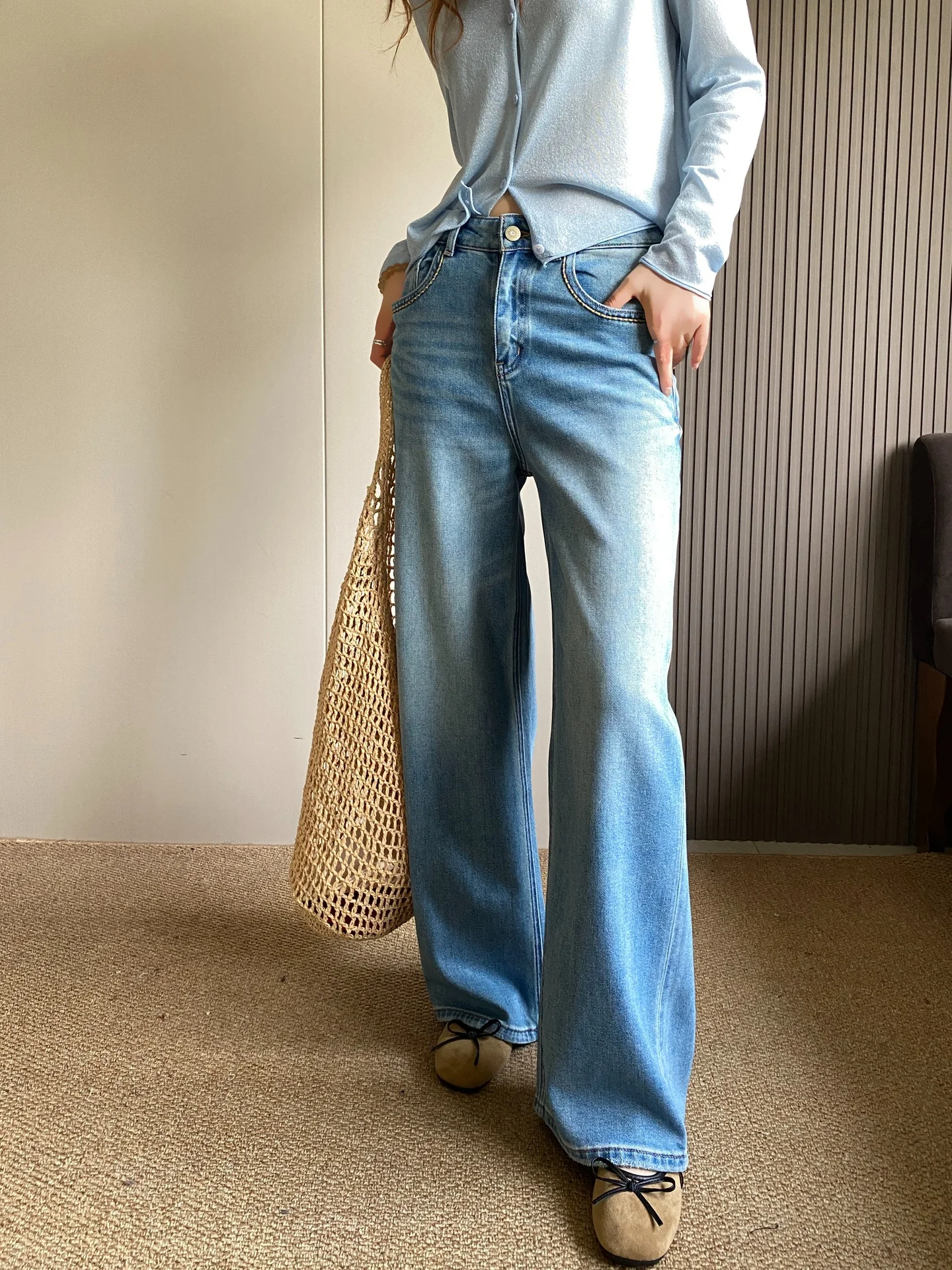 

High Waist Draped Blue Wide Leg Jeans Women's Spring New Sle Loose Slimming Floor-Length Straight Cut Denim Pants