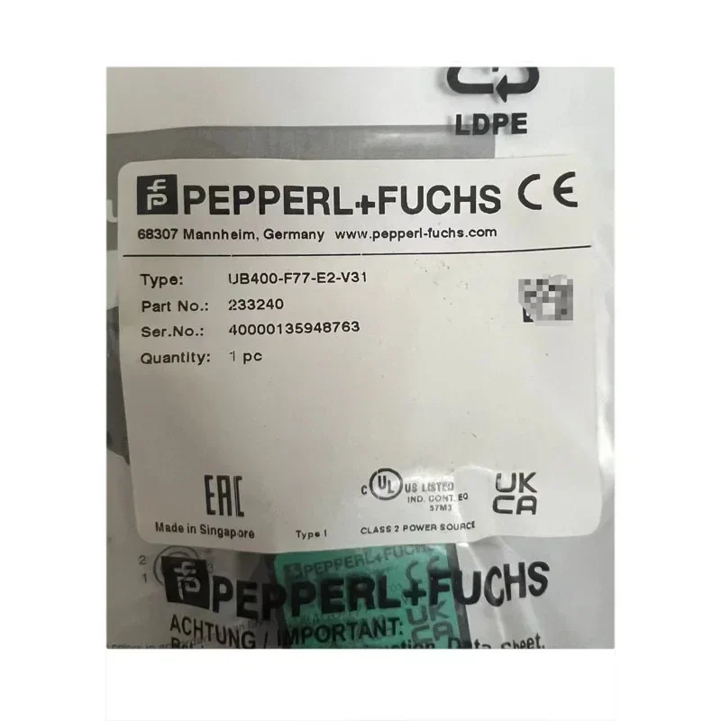 PEPPERL+FUCHS อัลตราโซนิกเซนเซอร์ UB400-F77-E2-V31