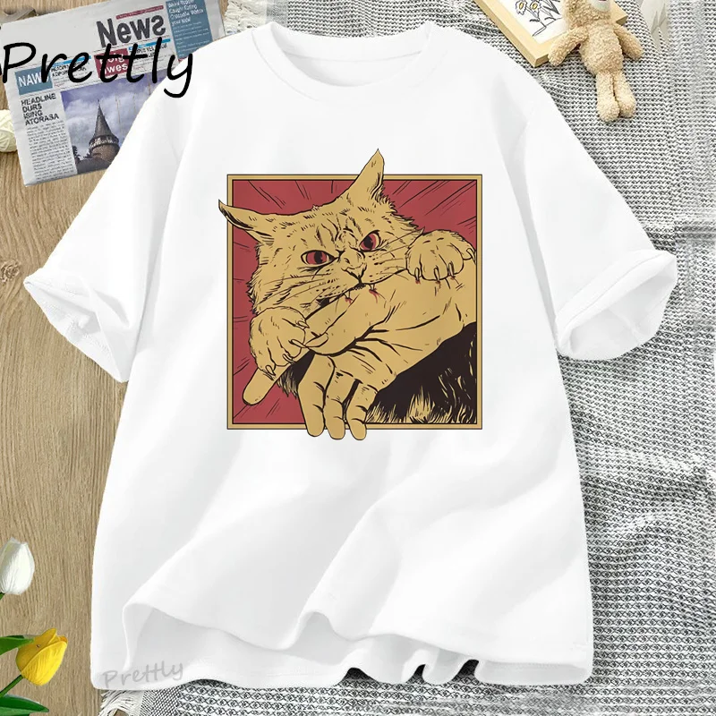 Vintage Cat Bite T Shirt Japanese Horror Retro Graphic Tee Horror Cats Crazy T Shirts Men Women Fashion Short Sleeve Tees